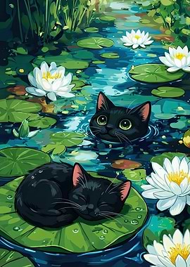 Black Cats in a Lily Pond