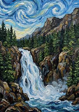 Waterfall in a Mountainous Forest