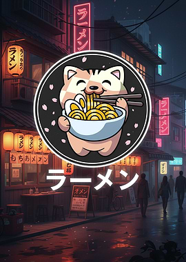 Cute Cat Eating Ramen