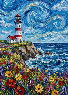 Lighthouse on a Cliff with Wildflowers