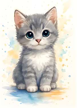 Big-Eyed Watercolor Kitten – Cute Gray Cat Portrait