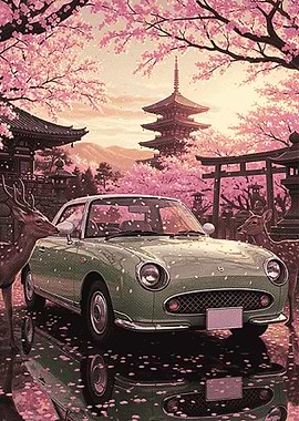 Retro Car Under Cherry Blossoms with Deer