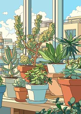 Potted plants on a balcony with city view