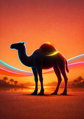 Neon Camel in Desert Sunset