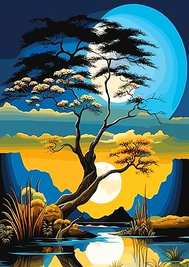 Serene Night Landscape with Moon and Tree