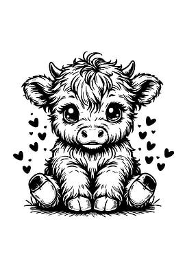 Cute Highland Cow with Hearts