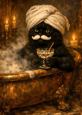 Black Cat in Bathtub Bathroom Oil Style Humor