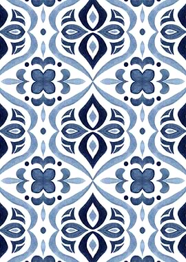 Blue and White Watercolor Tile Pattern