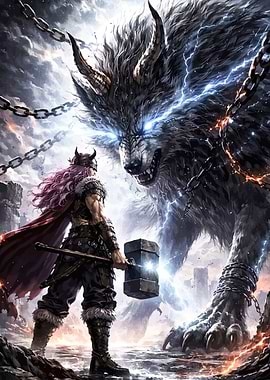 Viking Warrior Battles Giant Wolf