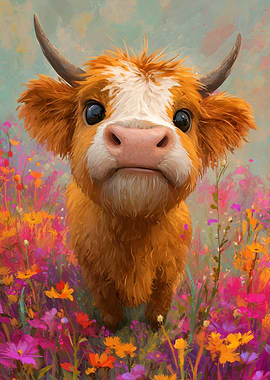 Cute Highland Cow in a Field of Flowers