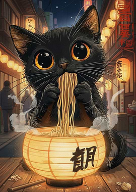 Black Cat Eating Ramen