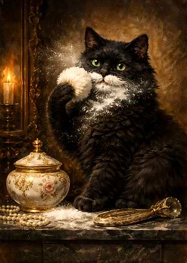 Black Cat Powdering Face Restroom Oil Painting