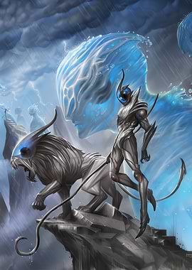 Fantasy Warrior and Lion in Storm