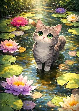 Cute Cat in a Lotus Pond