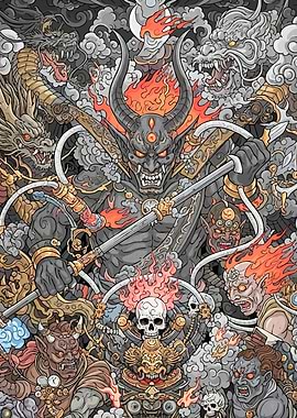 Demonic Warrior with Dragons and Skulls