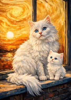 Mother and Kitten Cats at Sunset