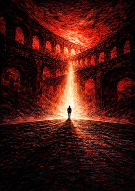 Man walks towards bright light in dark arches