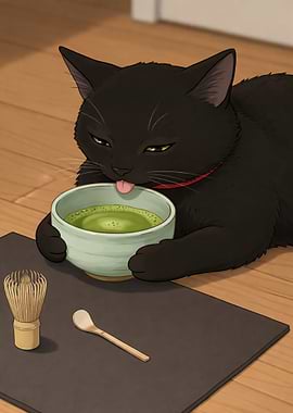 Black Cat Drinking Matcha