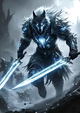Werewolf Warrior with Glowing Swords