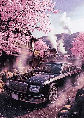 Black Sedan Driving Through Cherry Blossoms