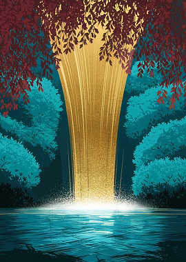 Golden Waterfall in a Lush Forest