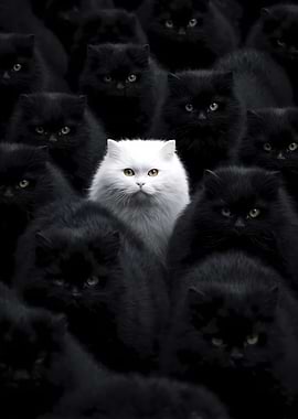 White cat among black cats