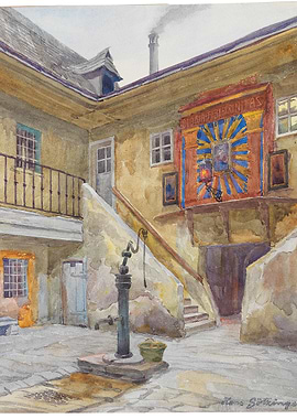 Courtyard with Water Pump and Banner