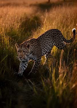 Leopard stalking through tall grass