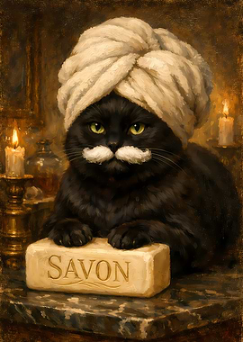 Chubby Black Cat on Soap Bathroom Oil Portrait