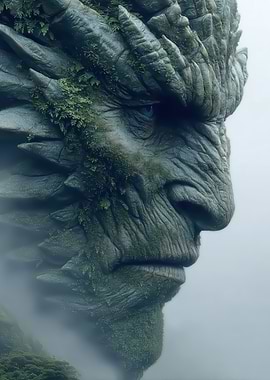 Stone Giant Face in Fog
