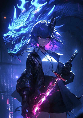 Anime Girl with Dragon and Katana