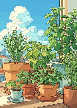 Potted plants on a balcony with city view