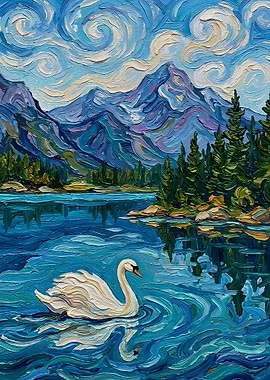 Swan on a lake with mountains