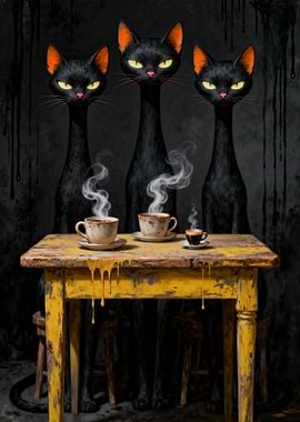 Three Black Cats with Coffee