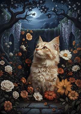 Cat in a moonlit floral garden