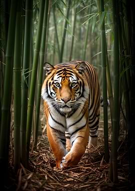 Tiger walking through bamboo forest