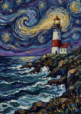 Starry Night Lighthouse Painting