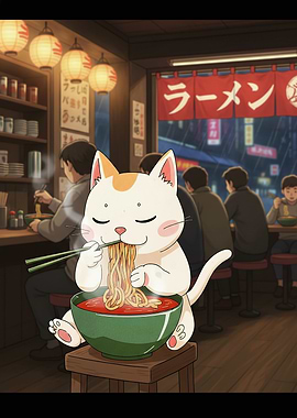 Cat eating ramen in a Japanese restaurant
