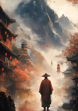 Monk in a Misty Asian Village