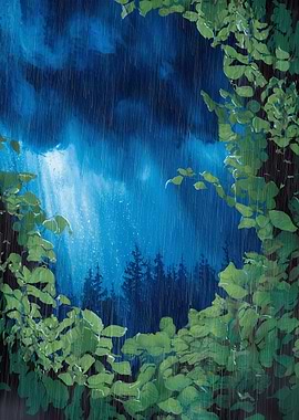 Rainy Forest Scene with Sunbeams