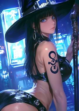 Anime Witch with Staff in Neon City