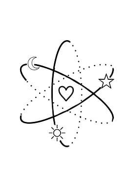 Cosmic Atom Symbol with Celestial Icons