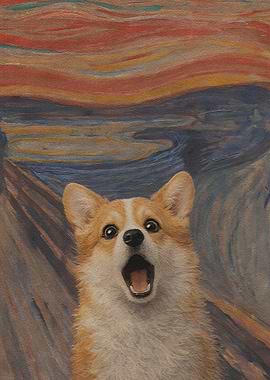 Corgi Screaming in front of Munch's The Scream
