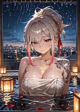 Anime Girl With Tattoo in Bathtub at Night