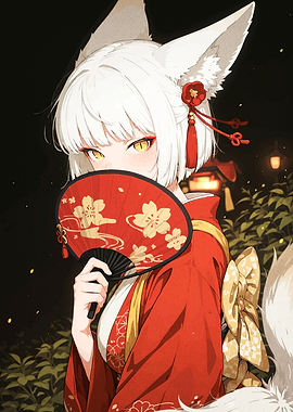 Kitsune Girl with Red Fan