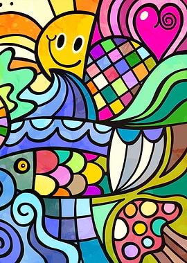 Colorful Abstract Fish and Sun