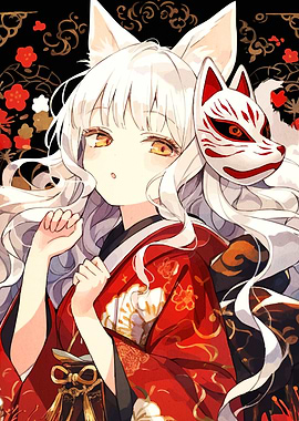 Kitsune Girl in Red Kimono with Mask