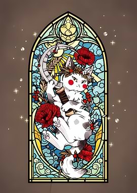 Stained Glass Cat with Scythe and Poppies