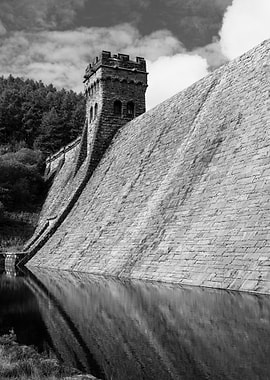 Stone Dam and Tower Reflected in Water