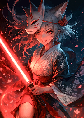 Kitsune Girl with Red Lightsaber